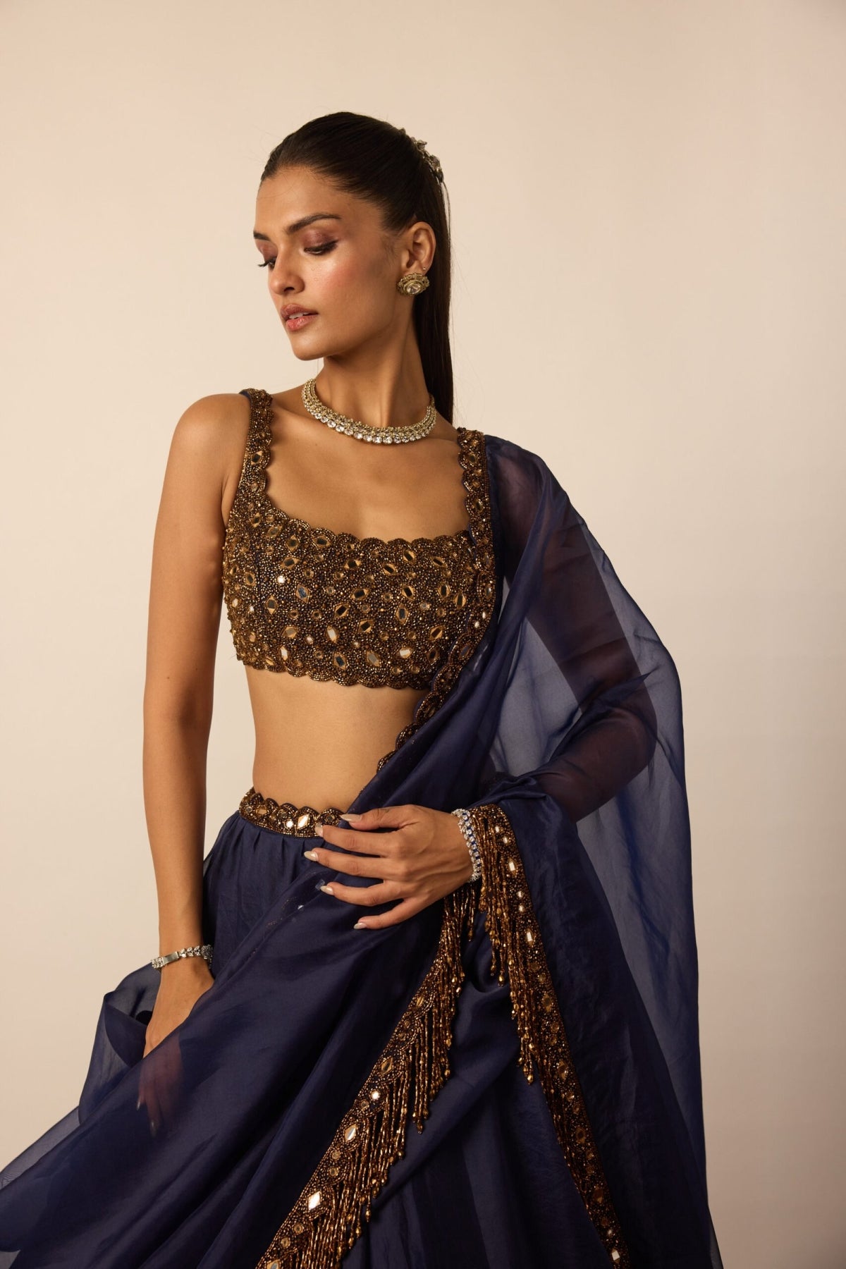 Deep Blue Tassel Dupatta Lehenga Set - Vvani