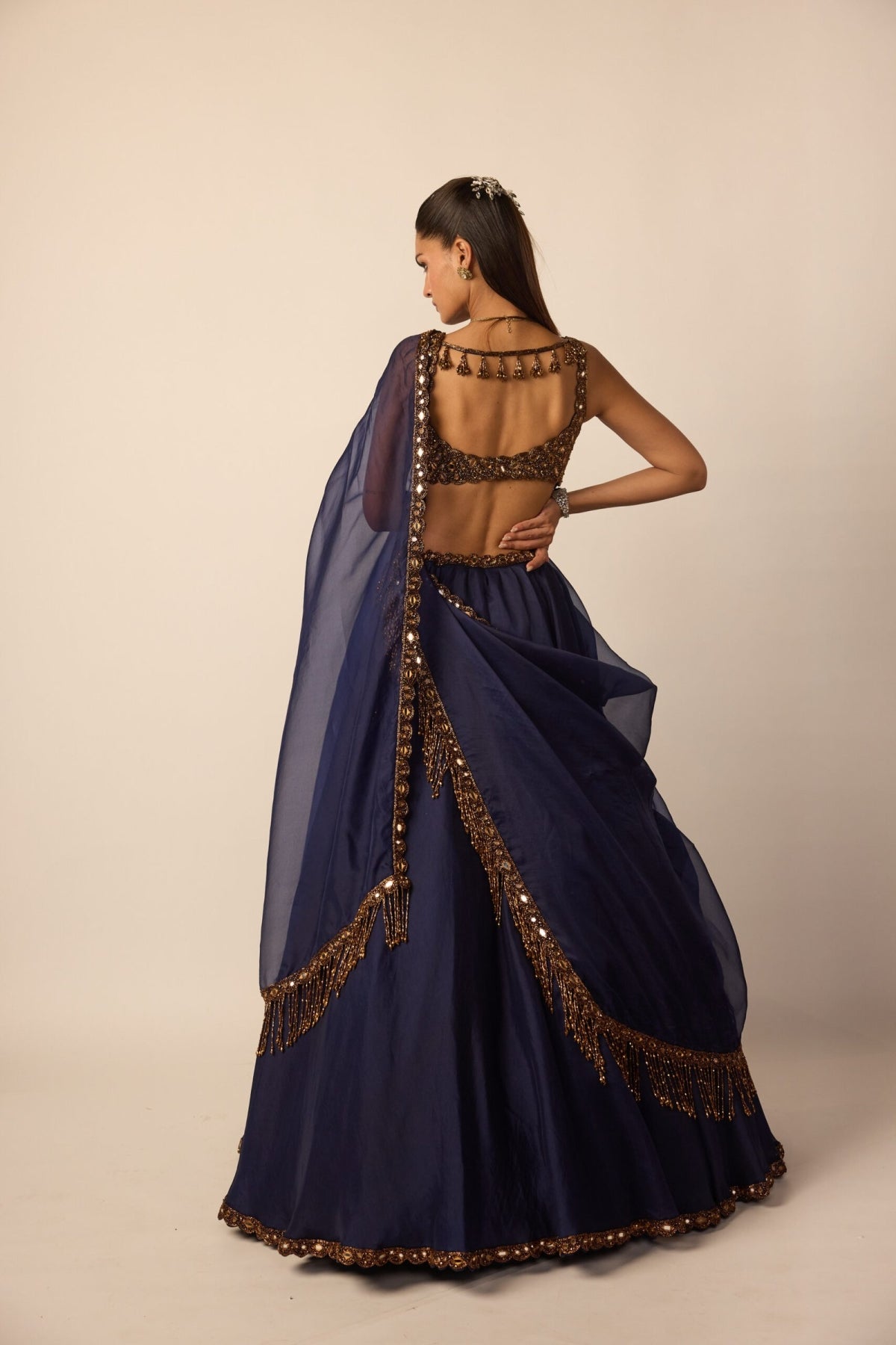 Deep Blue Tassel Dupatta Lehenga Set - Vvani