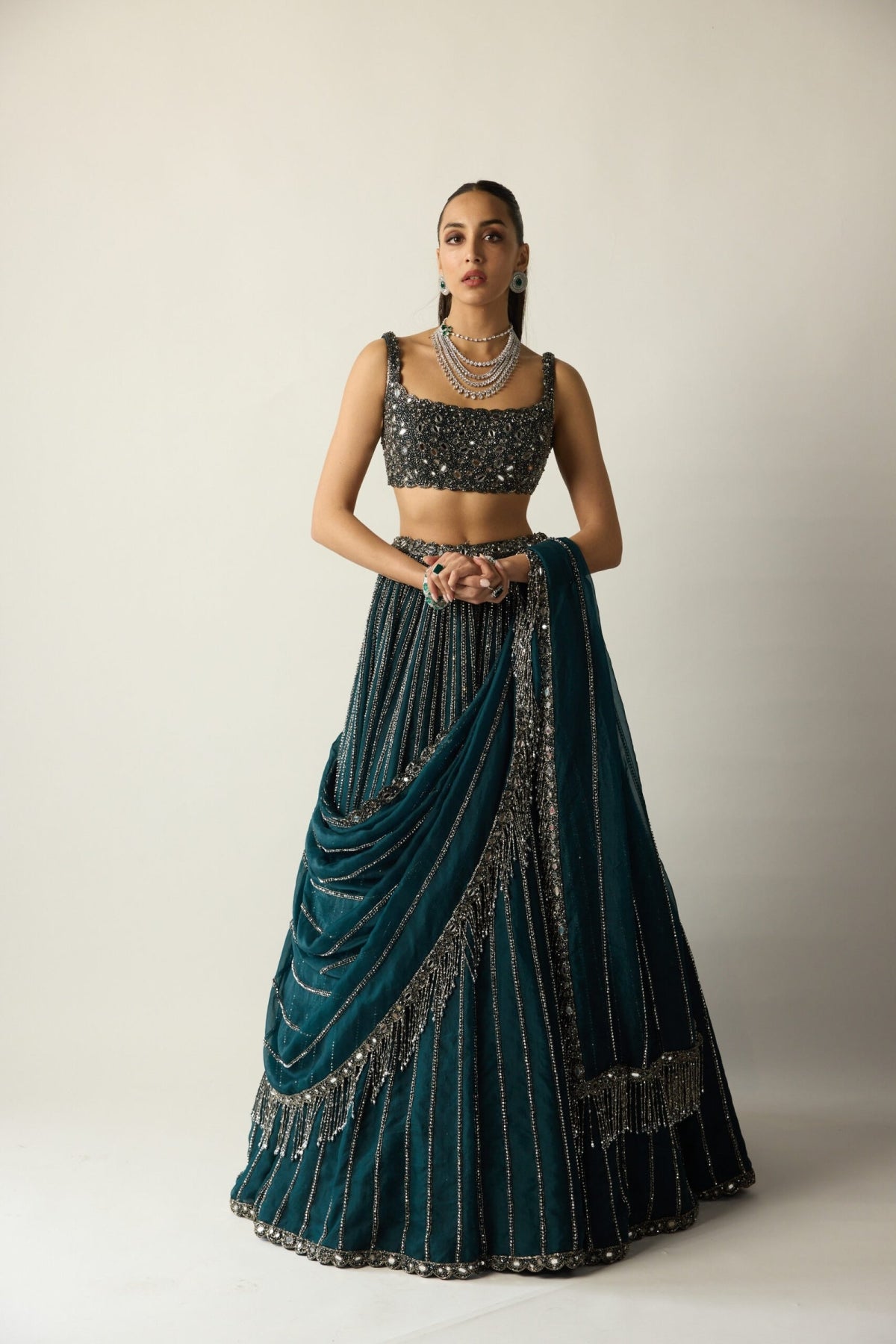 Dark Teal Linear Lehenga Set - Vvani