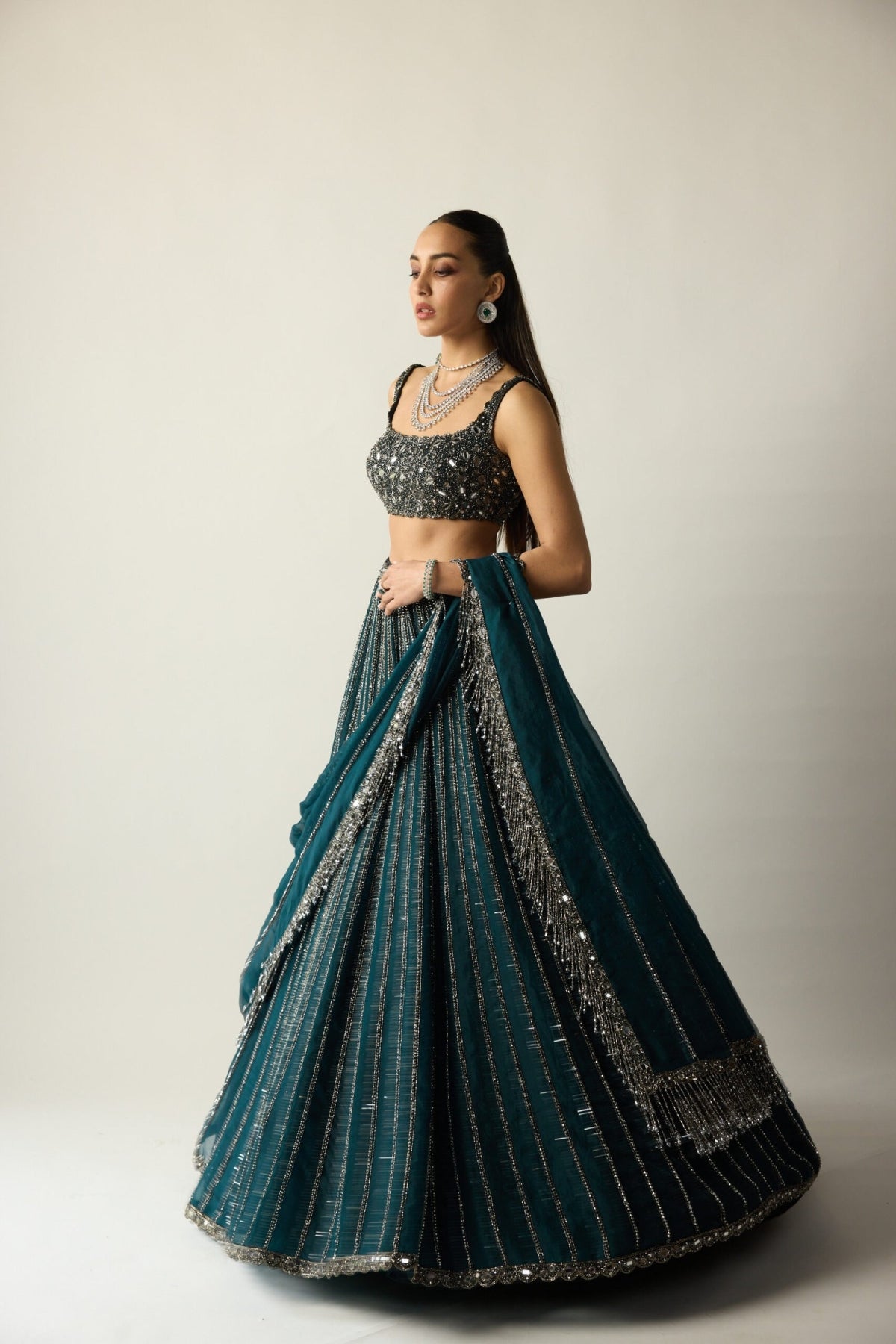 Dark Teal Linear Lehenga Set - Vvani