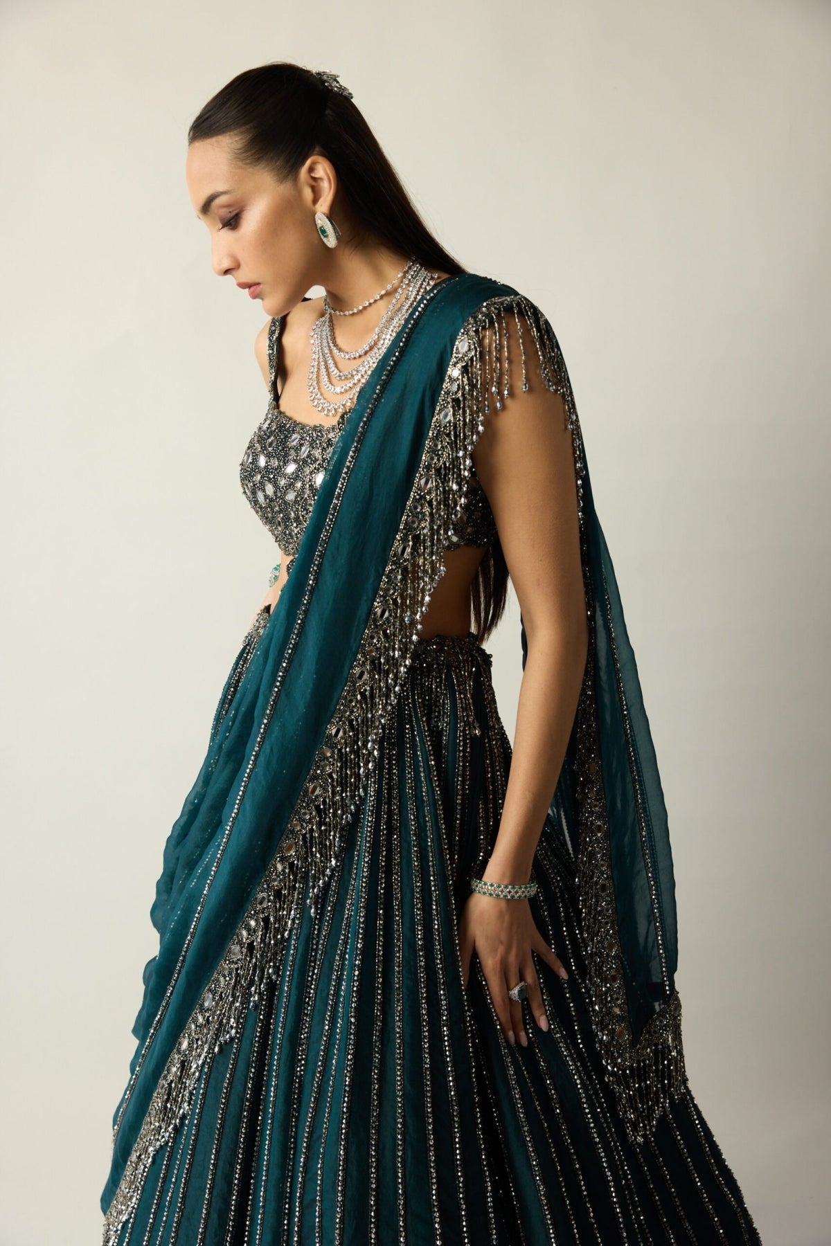 Dark Teal Linear Lehenga Set - Vvani