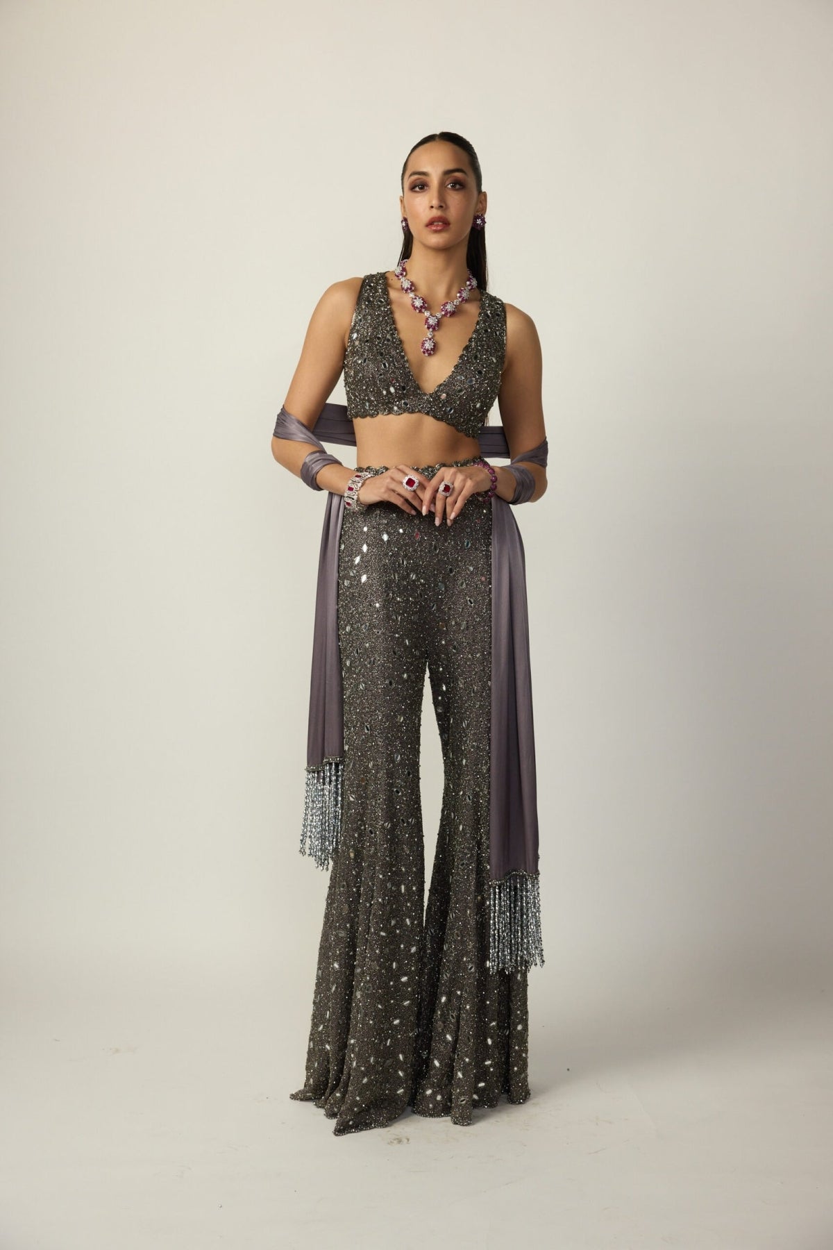 Metallic Grey Sharara Pant Set - Vvani