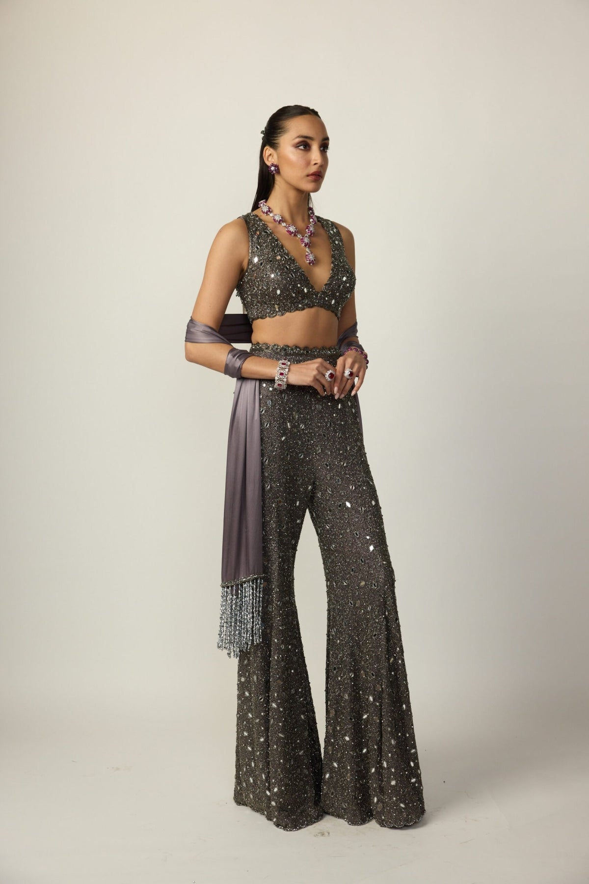 Metallic Grey Sharara Pant Set - Vvani