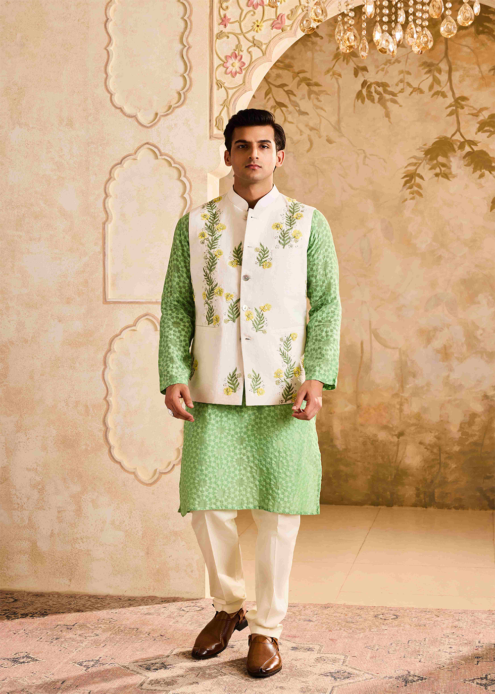 Ivory Bundi Jacket with Jade Kurta Churidar