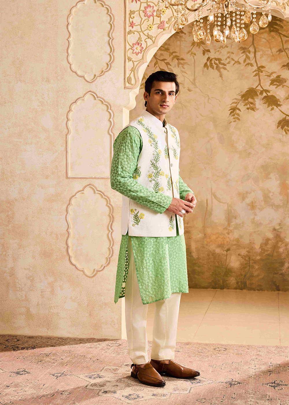Ivory Bundi Jacket with Jade Kurta Churidar
