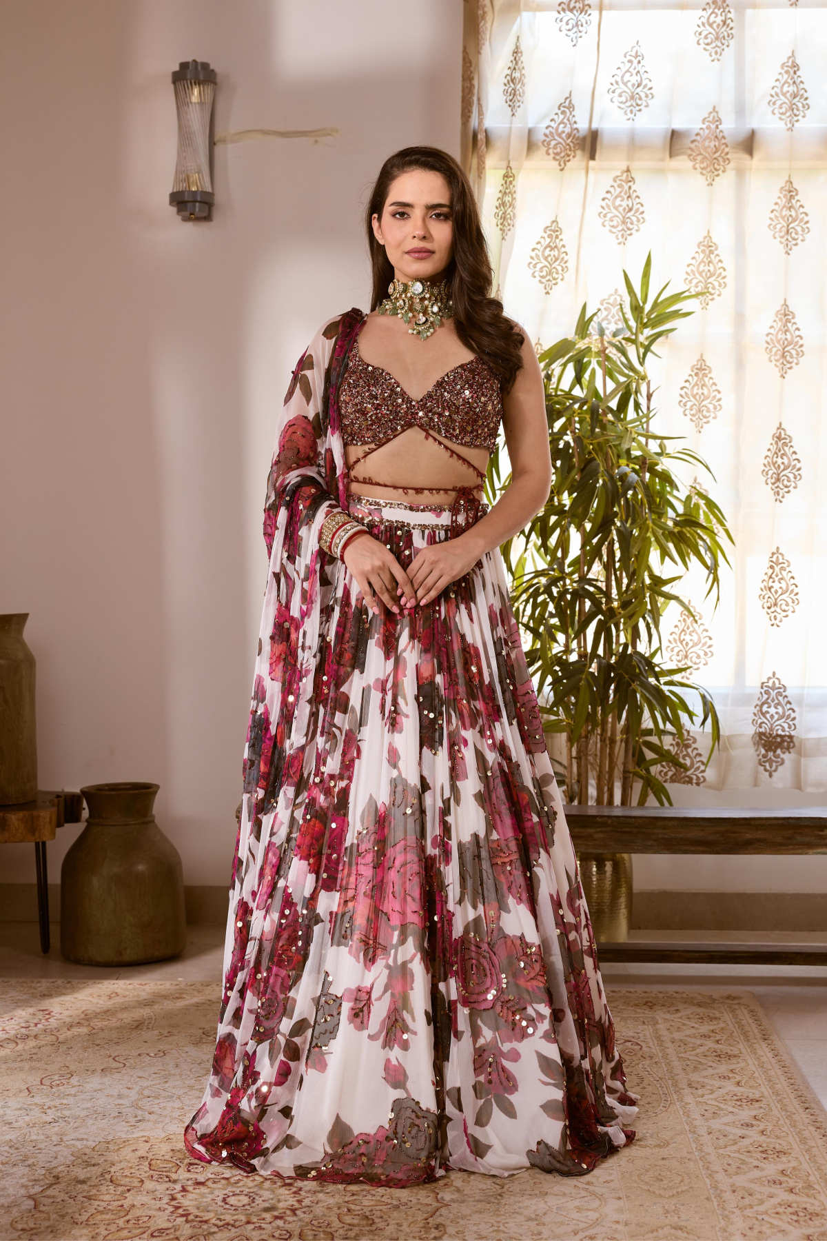 WHITE & PINK CHIFFON FLORAL LEHENGA