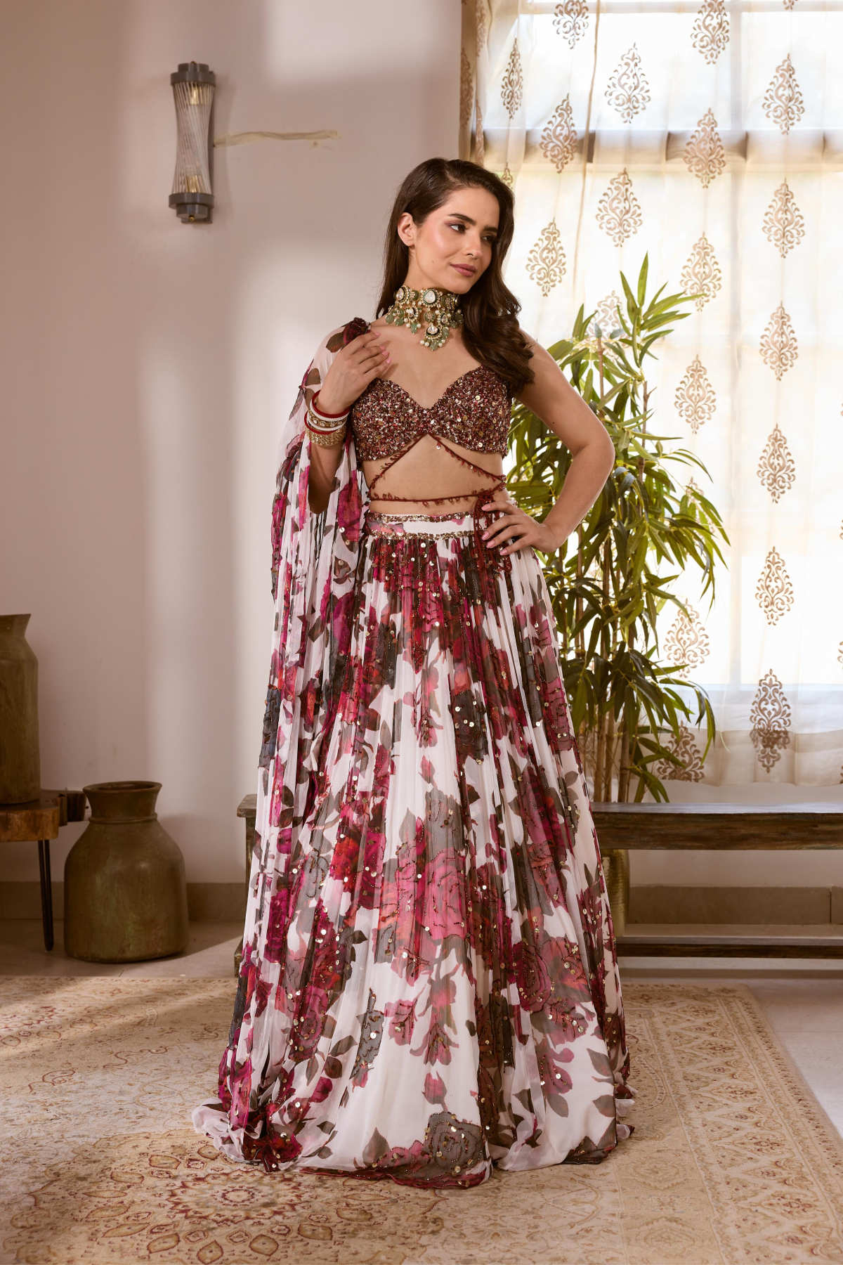 WHITE & PINK CHIFFON FLORAL LEHENGA