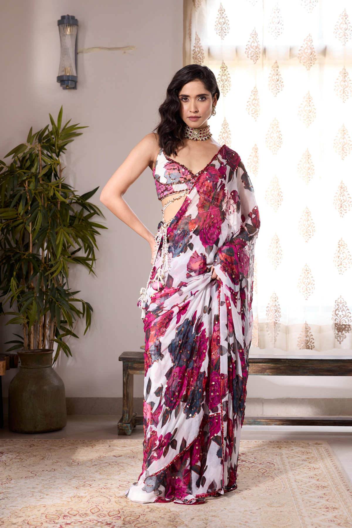 WHITE & PINK CHIFFON FLORAL SAREE
