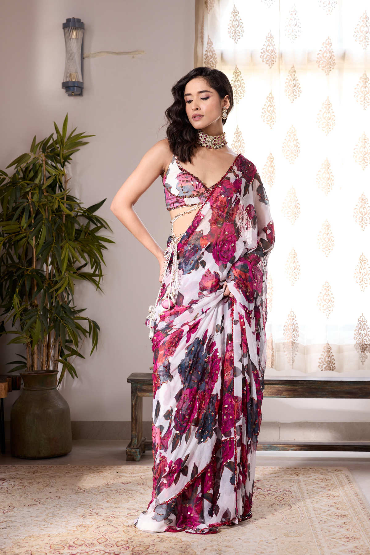 WHITE & PINK CHIFFON FLORAL SAREE