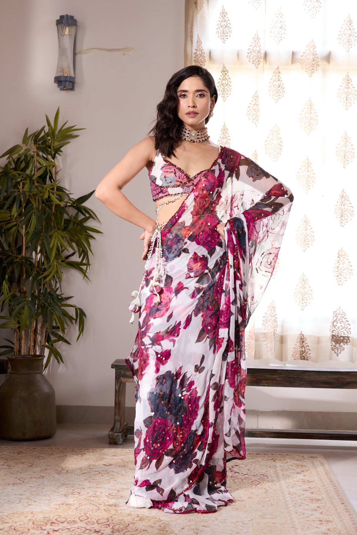 WHITE & PINK CHIFFON FLORAL SAREE