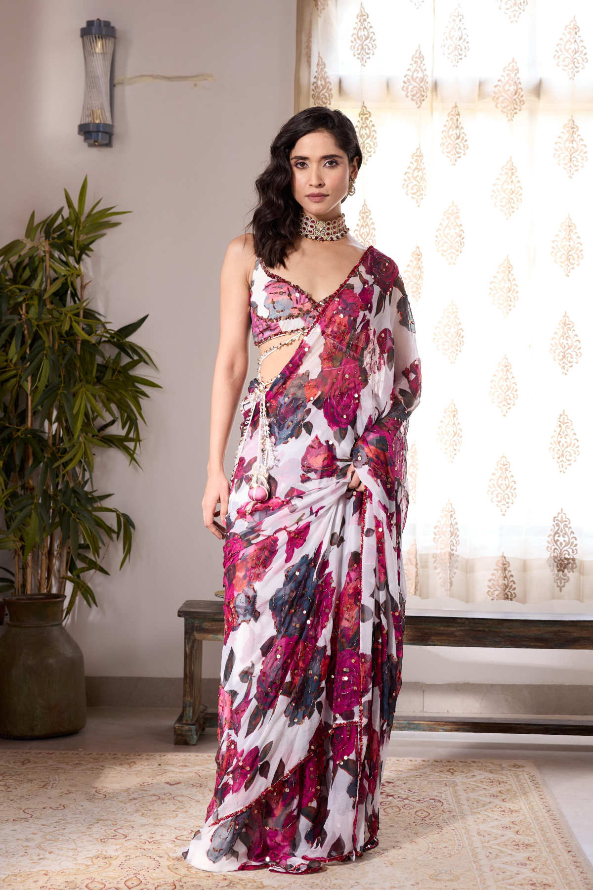 WHITE & PINK CHIFFON FLORAL SAREE