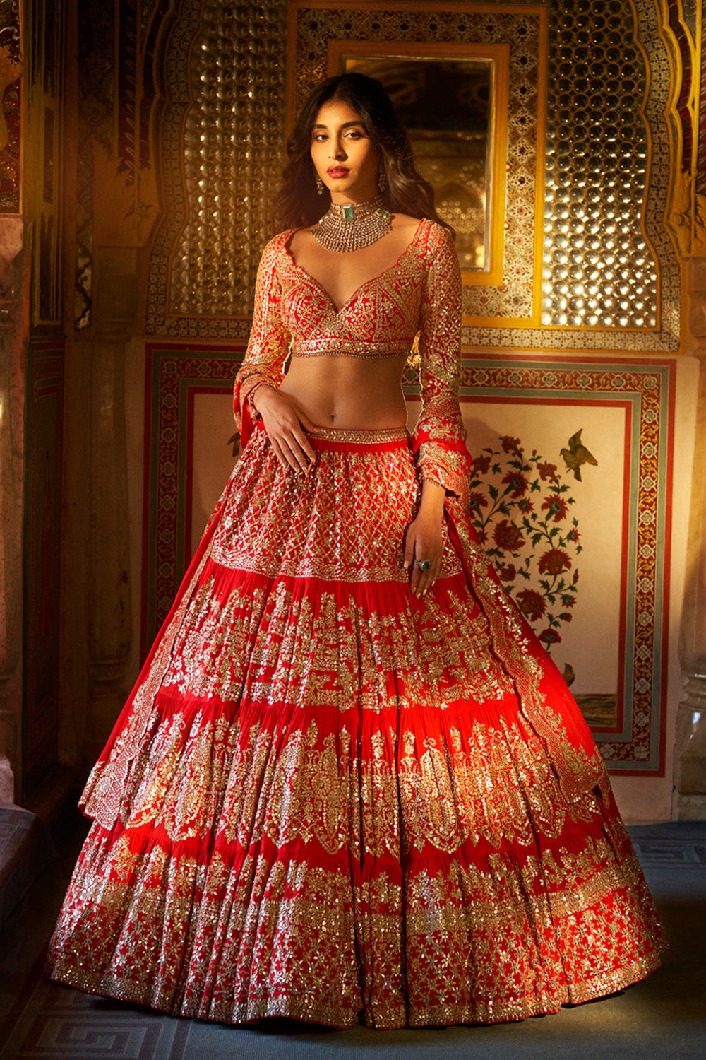 Red Multi-Tiered Lehenga Set