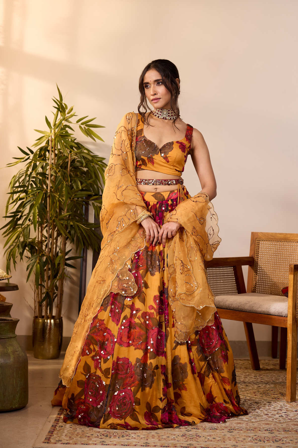 YELLOW CHIFFON FLORAL LEHENGA