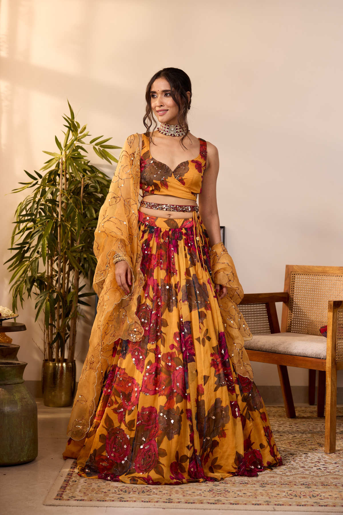YELLOW CHIFFON FLORAL LEHENGA