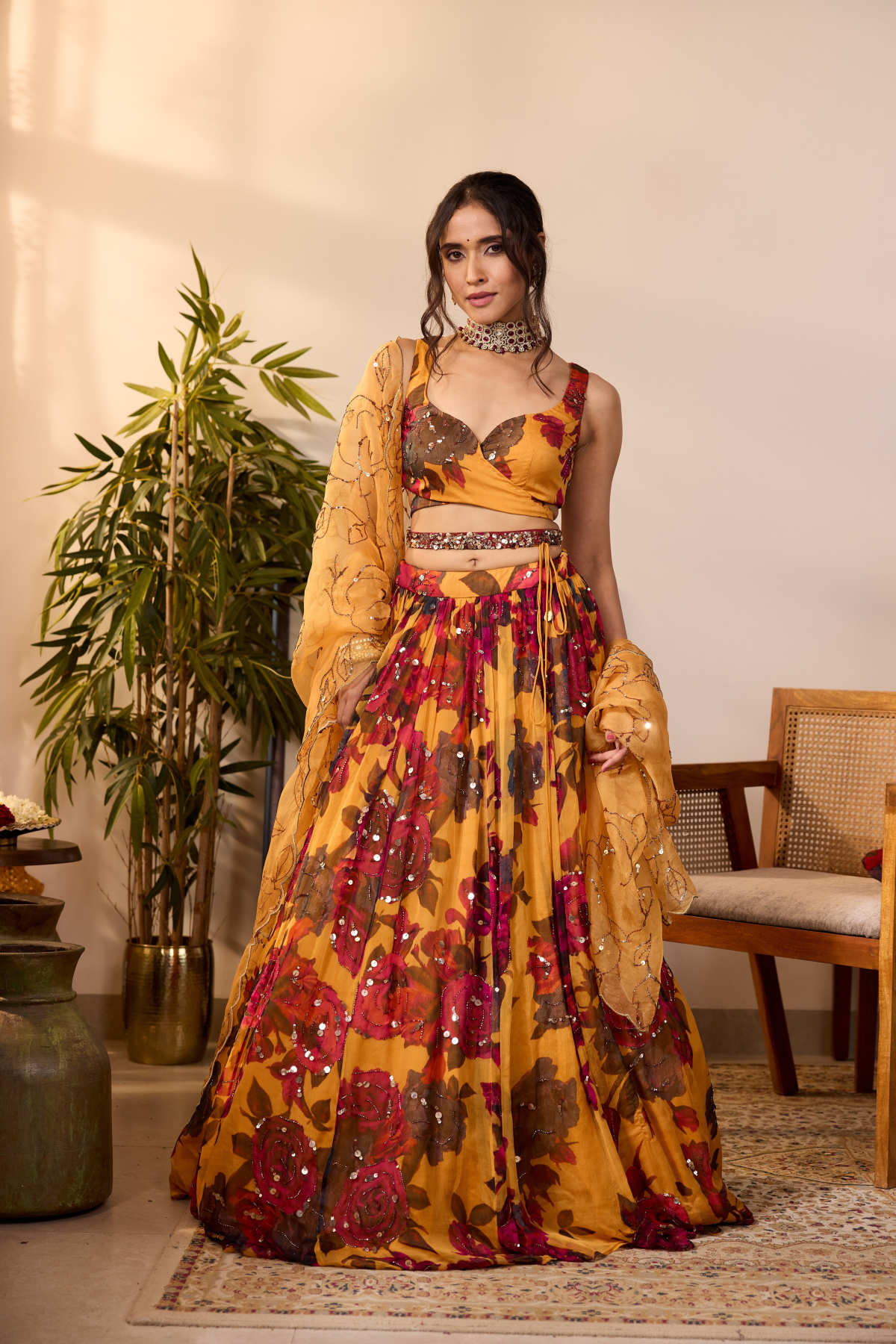 YELLOW CHIFFON FLORAL LEHENGA
