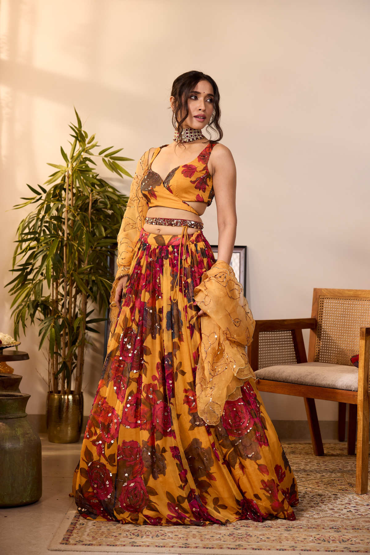 YELLOW CHIFFON FLORAL LEHENGA