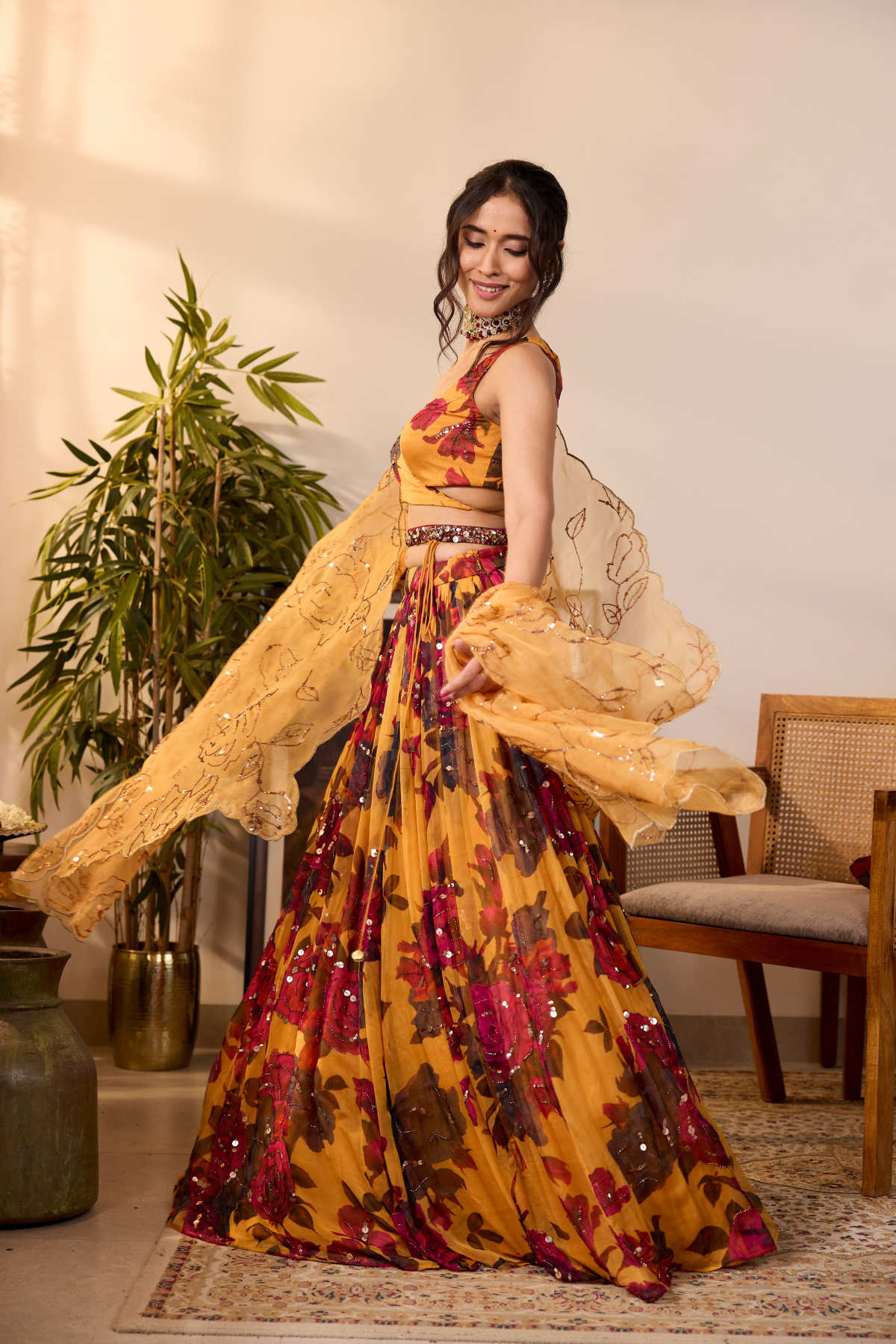 YELLOW CHIFFON FLORAL LEHENGA